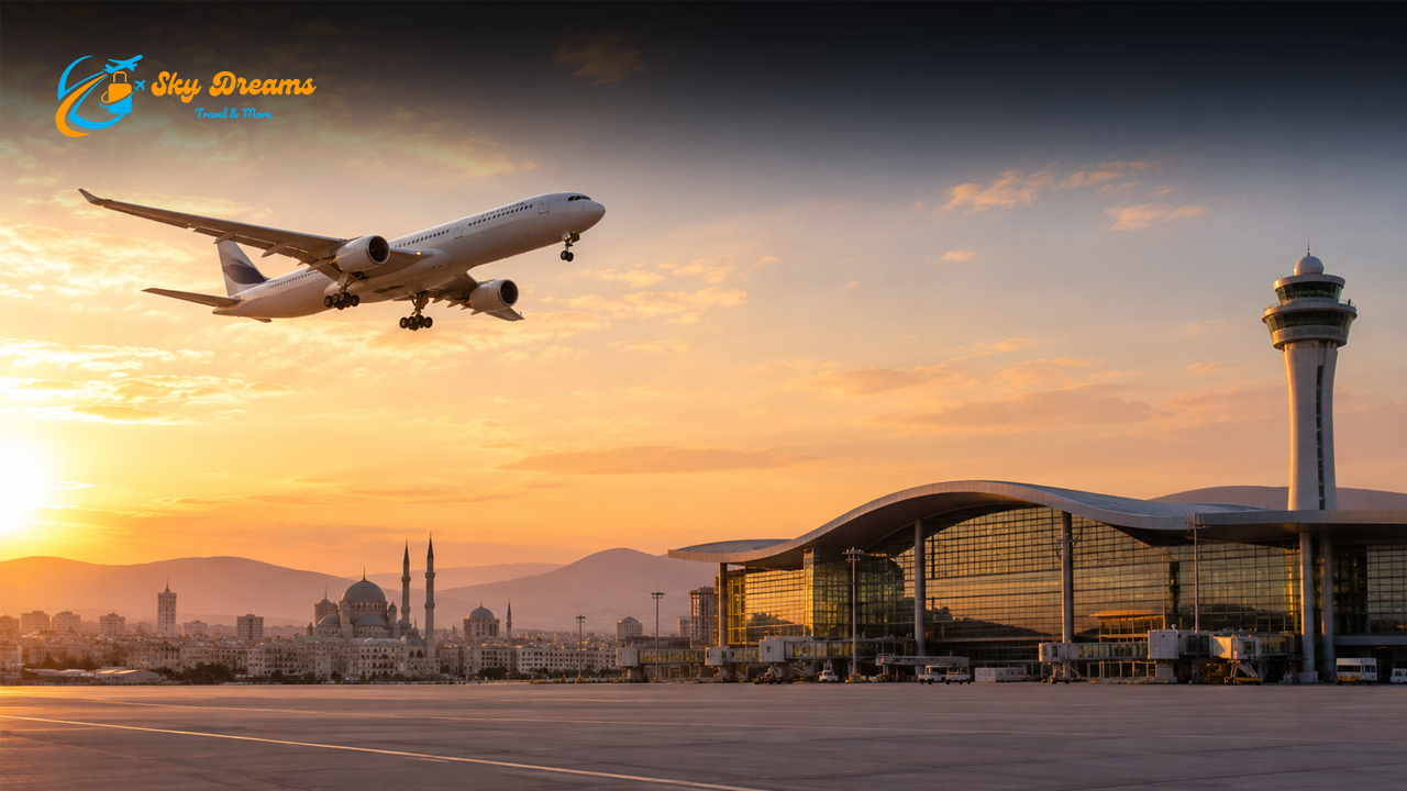 Airplane lifting off at sunset over a modern airport with a curved glass terminal and a tall control tower, distant city skyline.