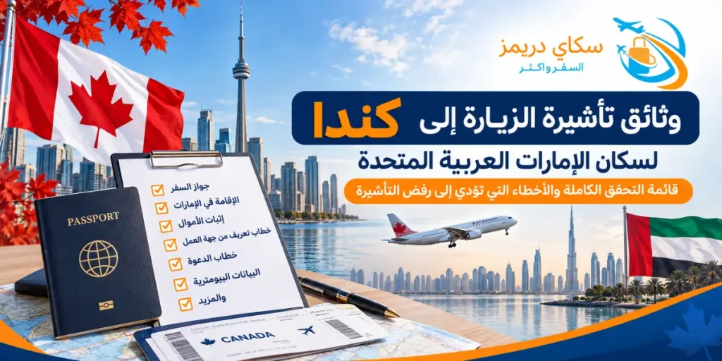 Banner promoting Canada visa for UAE residents with passport on a checklist clipboard, Canadian and UAE flags, airplane, and city skyline in the background.