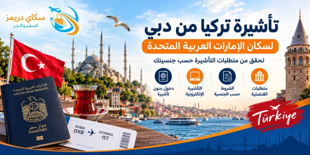 Banner advertising Turkish visa for UAE residents, with passport, Turkish flag, Istanbul skyline, and visa icons in a row.