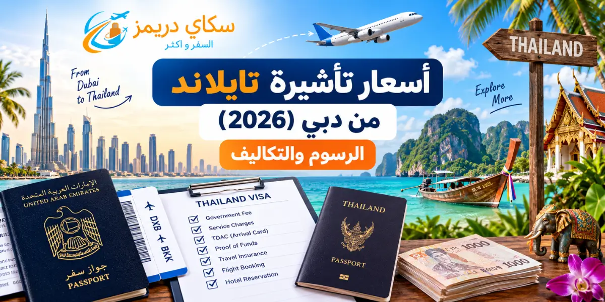 Travel ad in Arabic featuring passports, a visa checklist, and a beach scene with Bangkok-like skyline and signs for Thailand (2026 travel prices).