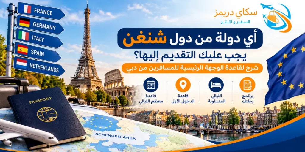 Travel promo banner in Arabic about obtaining a Schengen visa, with country signs, the Eiffel Tower, passport, and a map of Europe.
