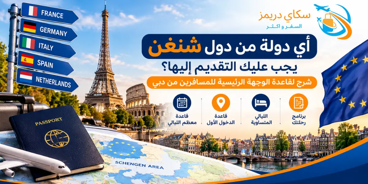 Travel promo banner in Arabic about obtaining a Schengen visa, with country signs, the Eiffel Tower, passport, and a map of Europe.