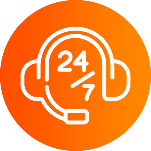 24/7 customer support headset icon on an orange gradient background, signifying round-the-clock help