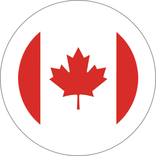 Circular flag icon of Canada: red vertical bands with a red maple leaf on a white center.