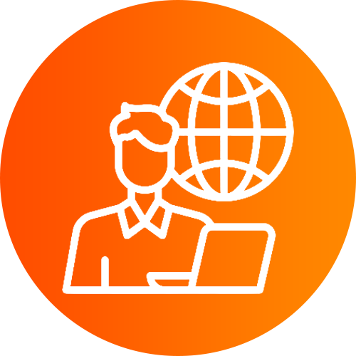 Icon of a person at a laptop with a globe in the background, symbolizing global online work/ connectivity