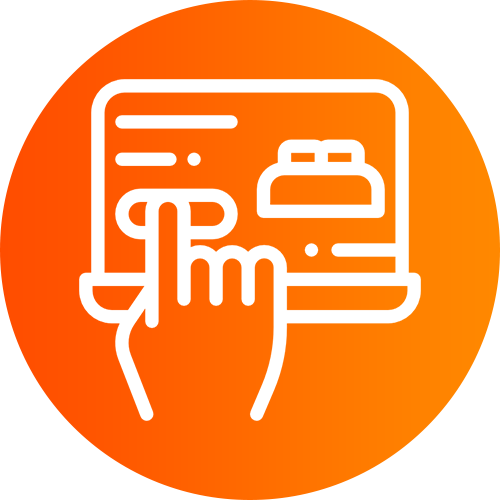 White outline icon of a hand touching a laptop screen, representing touch input on a notebook computer.
