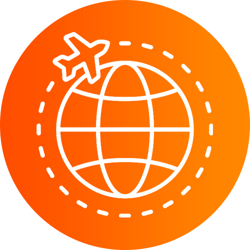 Icon of a globe with an airplane circling it on an orange gradient background, suggesting travel or global flights