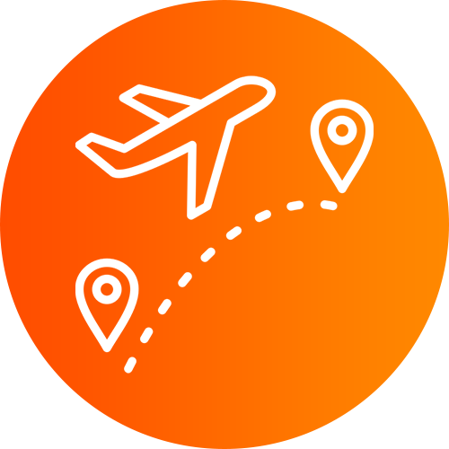 Airplane icon with a dotted curved route between two location pins on an orange gradient background.