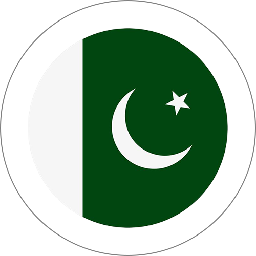 Circular image of the Pakistan flag: white vertical stripe on the left, green field with crescent and star.