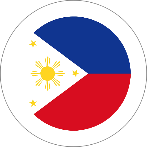 Circular stylized Philippine flag: blue upper half, red lower half, with the yellow sun and three stars on the hoist side.