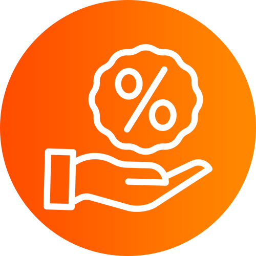 Hand holding a white percent badge on an orange gradient background.