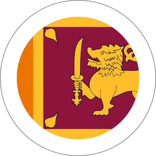 Circular crop of the Sri Lankan flag showing a gold lion holding a sword on a maroon field with a yellow border.