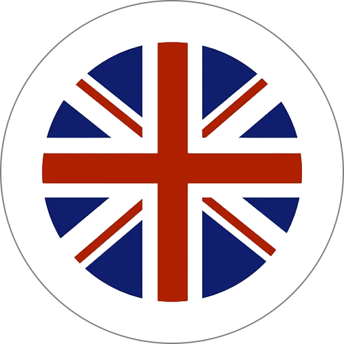 Circular Union Jack emblem: blue circle with red cross and diagonals forming the UK flag badge