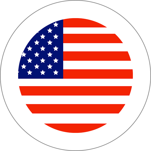 Circular badge showing the United States flag (blue canton with white stars and red-and-white stripes) on a black background