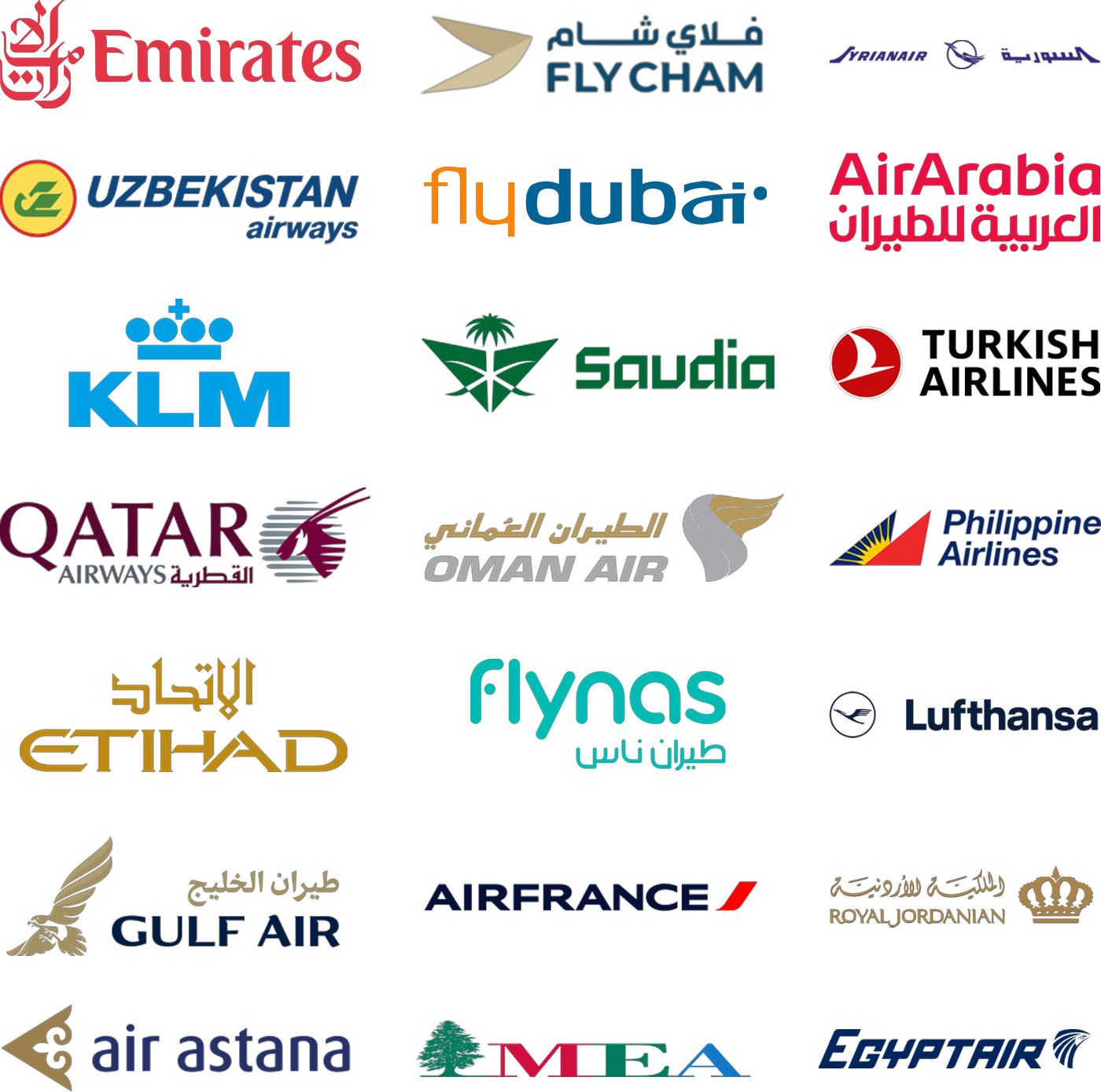 collage of airline logos arranged in a grid, featuring Emirates, Flydubai, Flynas, Uzbekistan Airways, Air Arabia, KLM, Saudia, Turkish Airlines, Qatar Airways, Oman Air, Philippine Airlines, Etihad, Lufthansa, Air France, Gulf Air, Royal Jordanian, Air Astana, MEA, EgyptAir