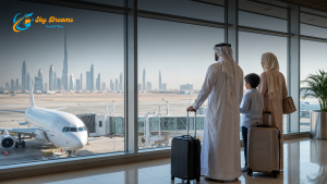 Family at an airport terminal with luggage, gazing at a parked plane and city skyline outside the window. (logo 'Sky Dreams' visible)