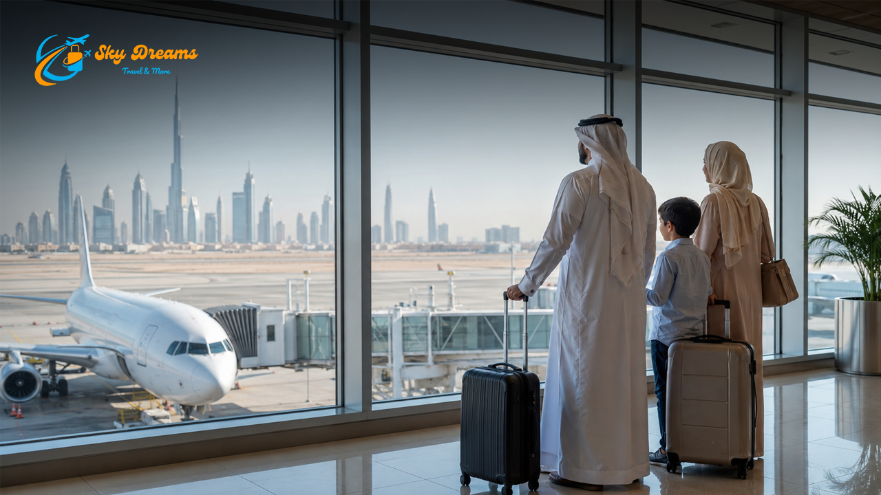 Family at an airport terminal with luggage, gazing at a parked plane and city skyline outside the window. (logo 'Sky Dreams' visible)