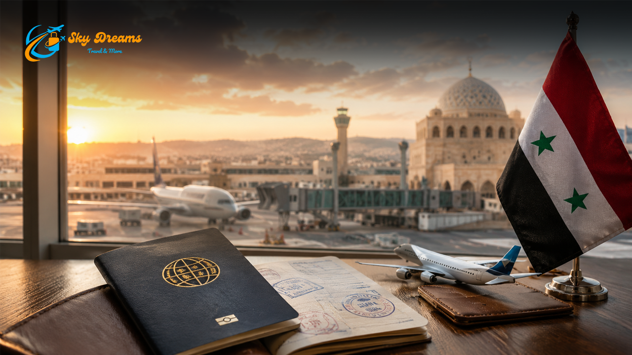 Travel planning desk with passport, stamps, notebook, and toy airplane beside a Syrian flag, against an airport and mosque sunset view.
