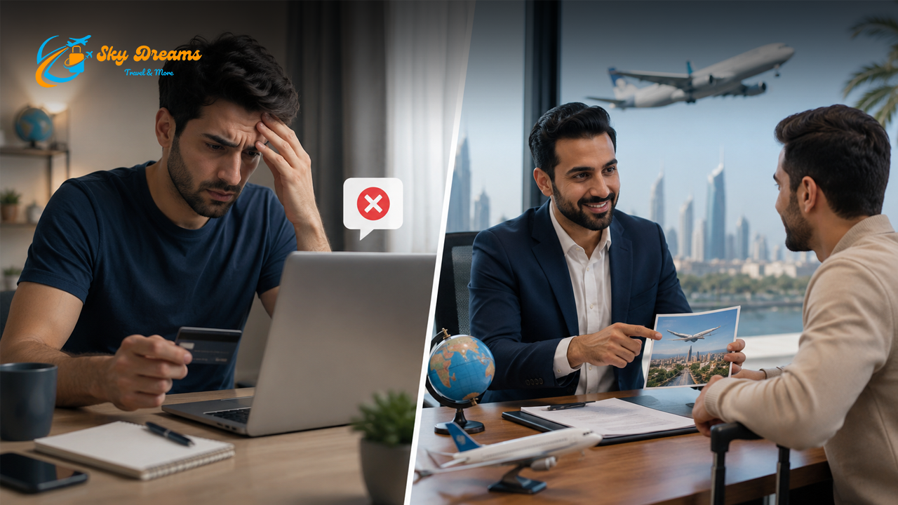 Split image: online travel frustration on the left, with a stressed man at a laptop and credit card; right shows a consultant helping plan travel with a destination photo and plane models, Sky Dreams Travel & More logo in corner.