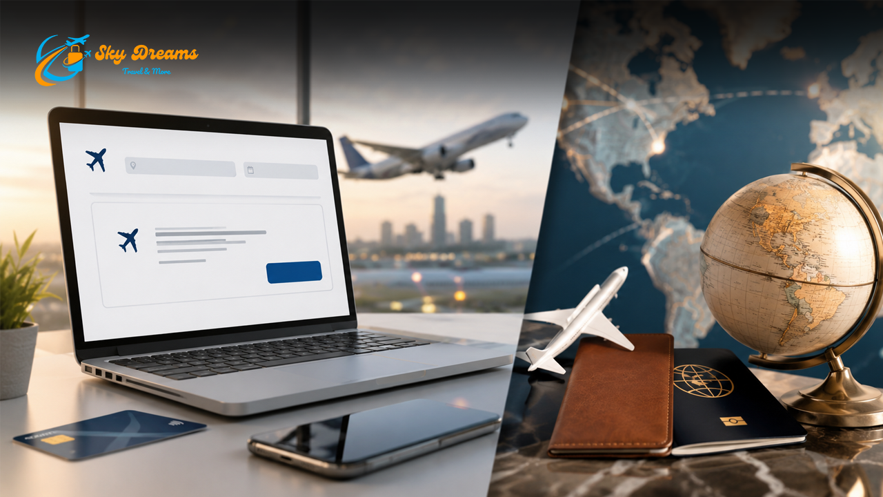 Laptop on a travel desk showing a flight-booking form, with a passport, model airplane, globe, and smartphone nearby.
