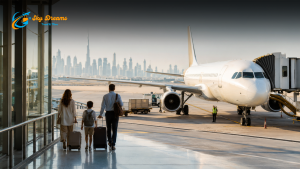 Family of three with rolling suitcases walking toward a white airplane at the gate, city skyline in the background, logo visible in top-left corner.