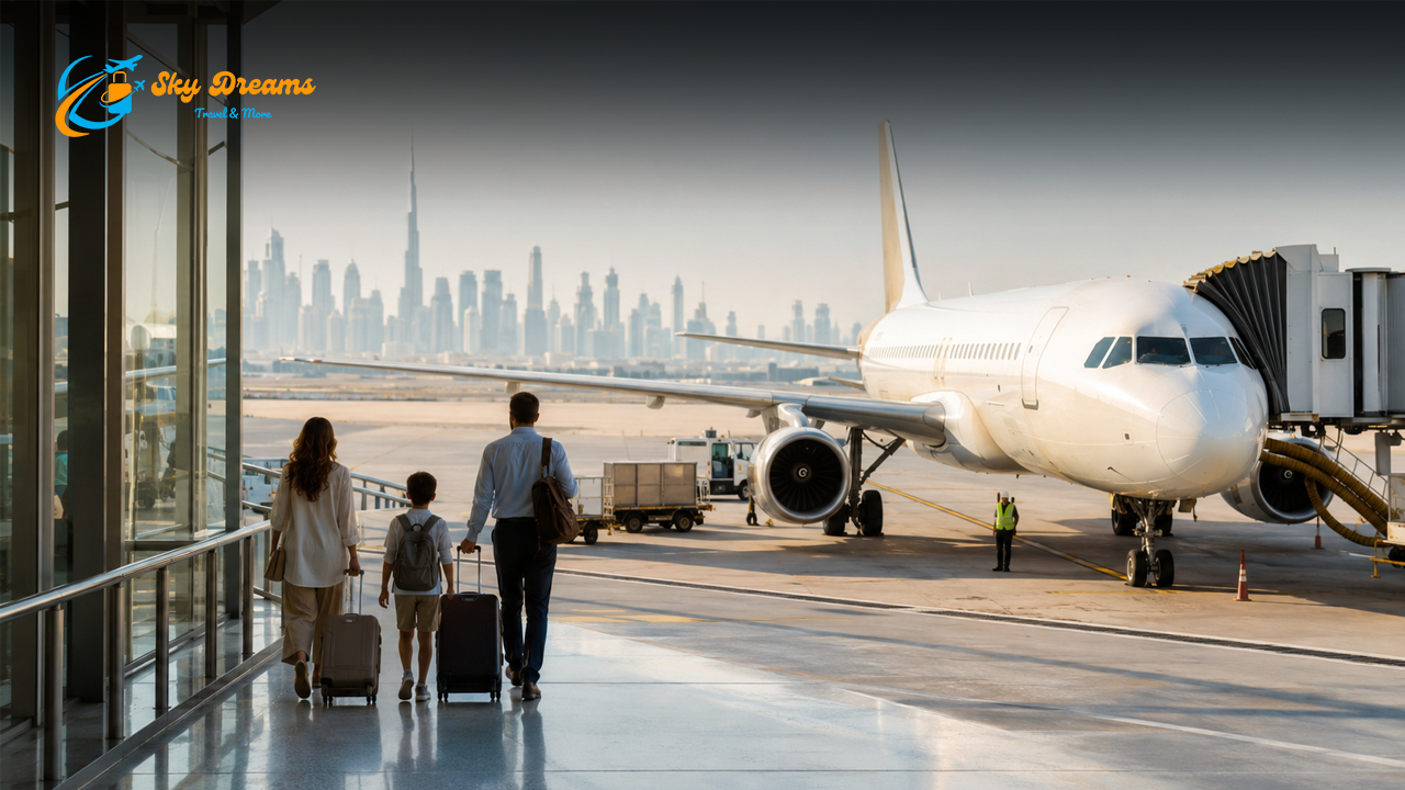 Family of three with rolling suitcases walking toward a white airplane at the gate, city skyline in the background, logo visible in top-left corner.