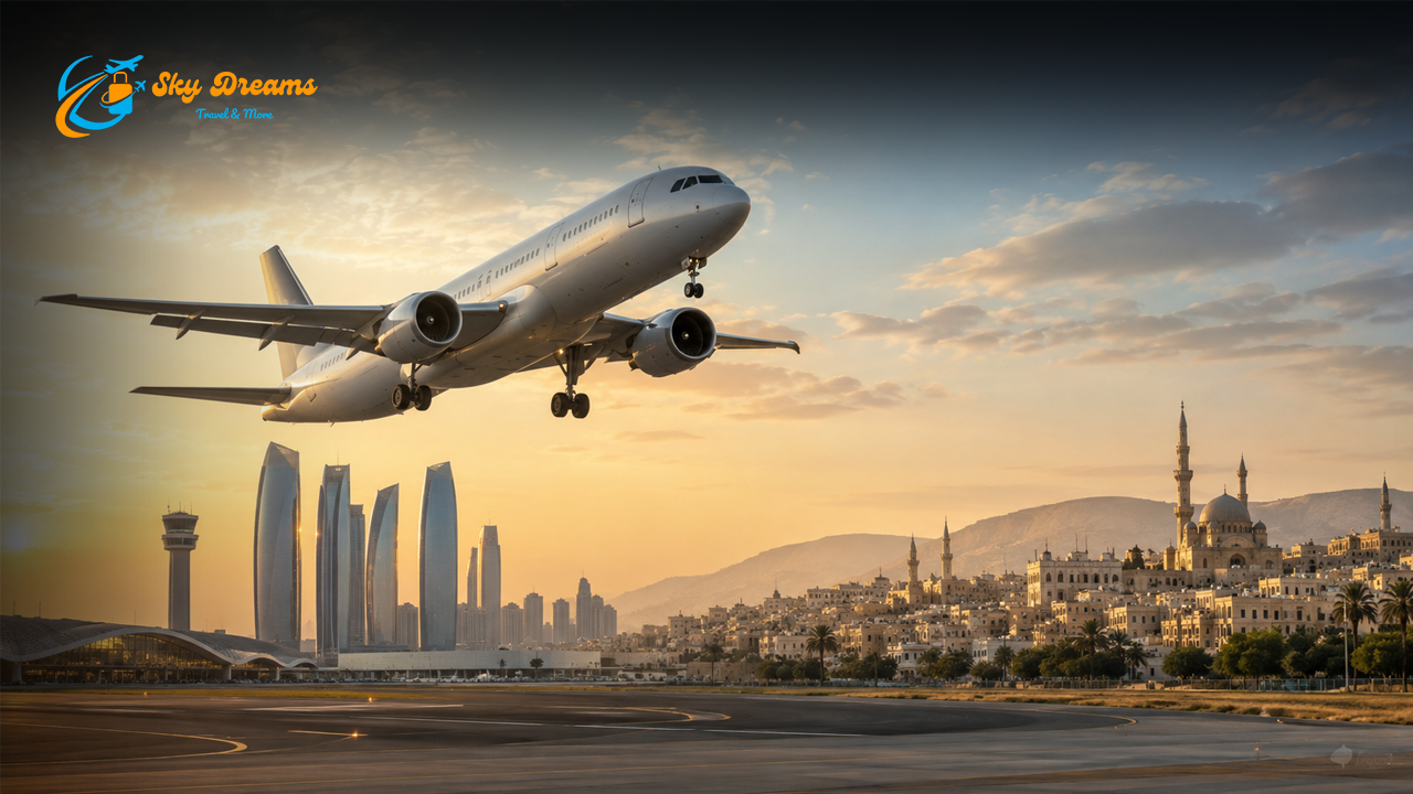 Airplane taking off over a sunset city skyline with modern towers and a distant mosque; Sky Dreams Travel & More logo in the top-left.