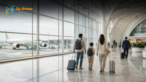 Family walking through a modern airport with rolling suitcases and backpacks, plane visible outside the glass walls.
