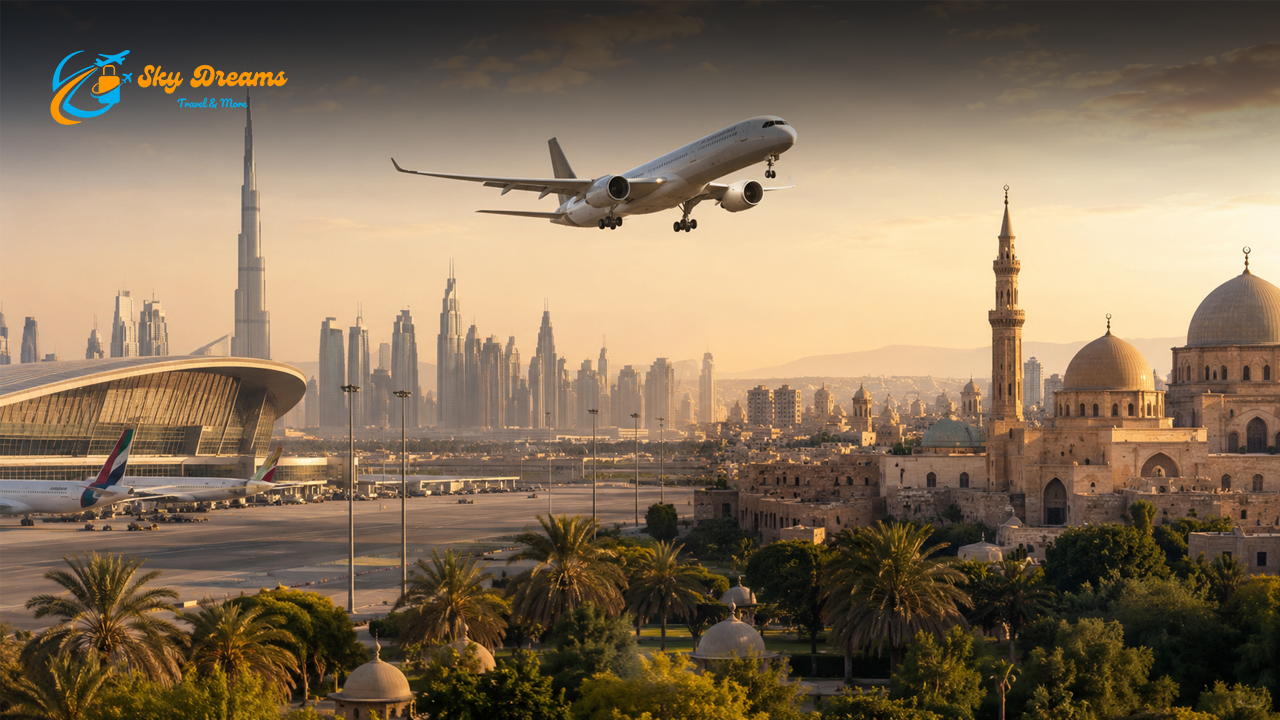 Airplane approaches a runway with Dubai's skyline and a historic mosque, logo in the top-left corner reading Sky Dreams Travel & More.
