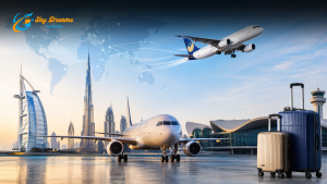 Airliner on a runway with stacked suitcases, cityscape, and a world-map backdrop featuring the Sky Dreams logo.