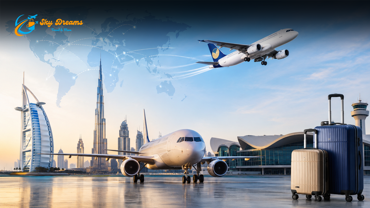 Airliner on a runway with stacked suitcases, cityscape, and a world-map backdrop featuring the Sky Dreams logo.