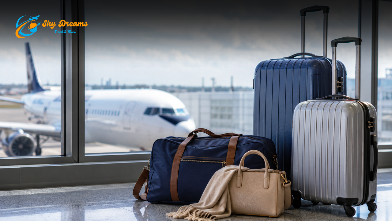 Luggage and a beige handbag with a scarf on the airport floor; plane is visible through the window; Sky Dreams Travel & More logo in the corner.