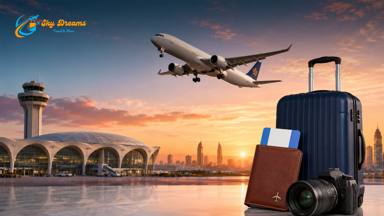 Sunset airport scene with a plane taking off, foreground shows a blue suitcase, passport, wallet, and camera on the tarmac.